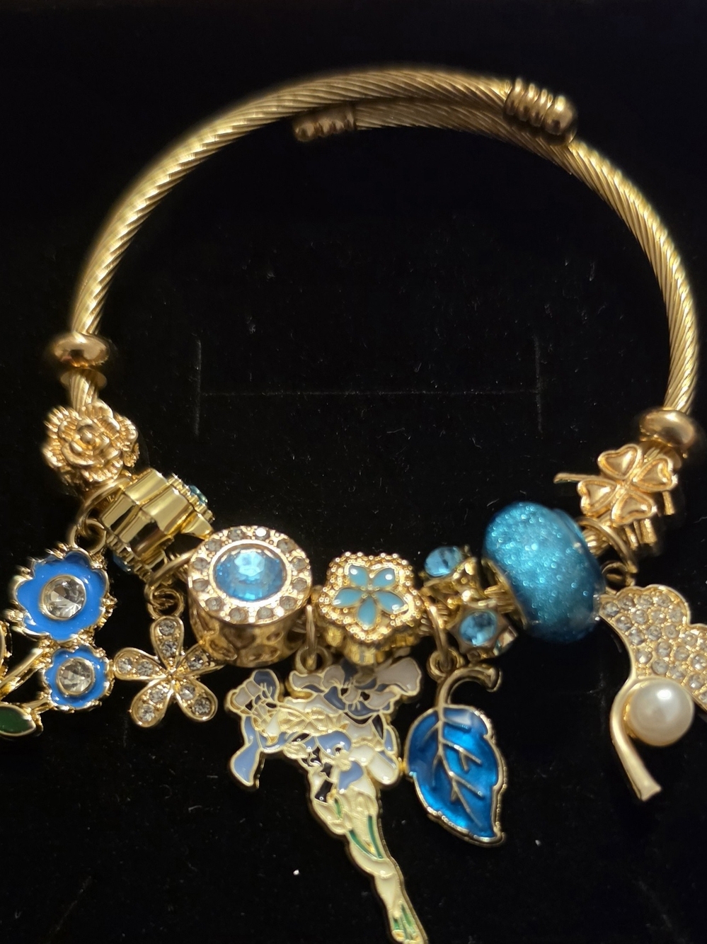 Gold-Tone Blue Charm Bracelet with Sparkling Crystal Accents